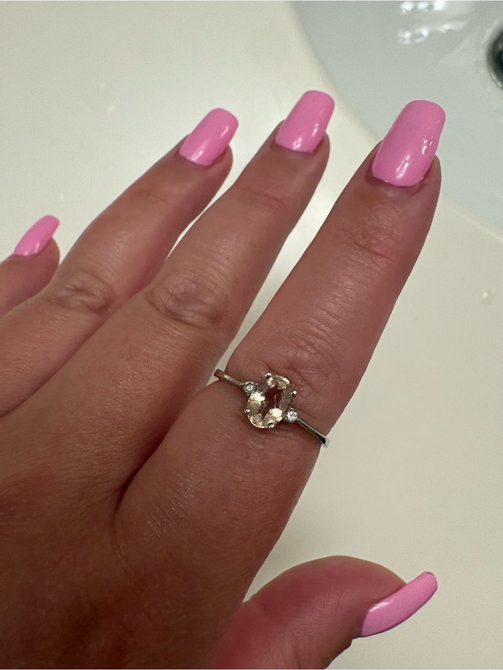 Delicate 10K White Gold Ring with Champagne Gemstone